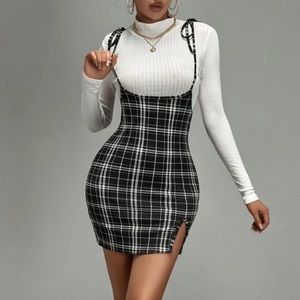 Shien Sexy Plaid Print Tie Shoulder Split Hem Suspender Dress